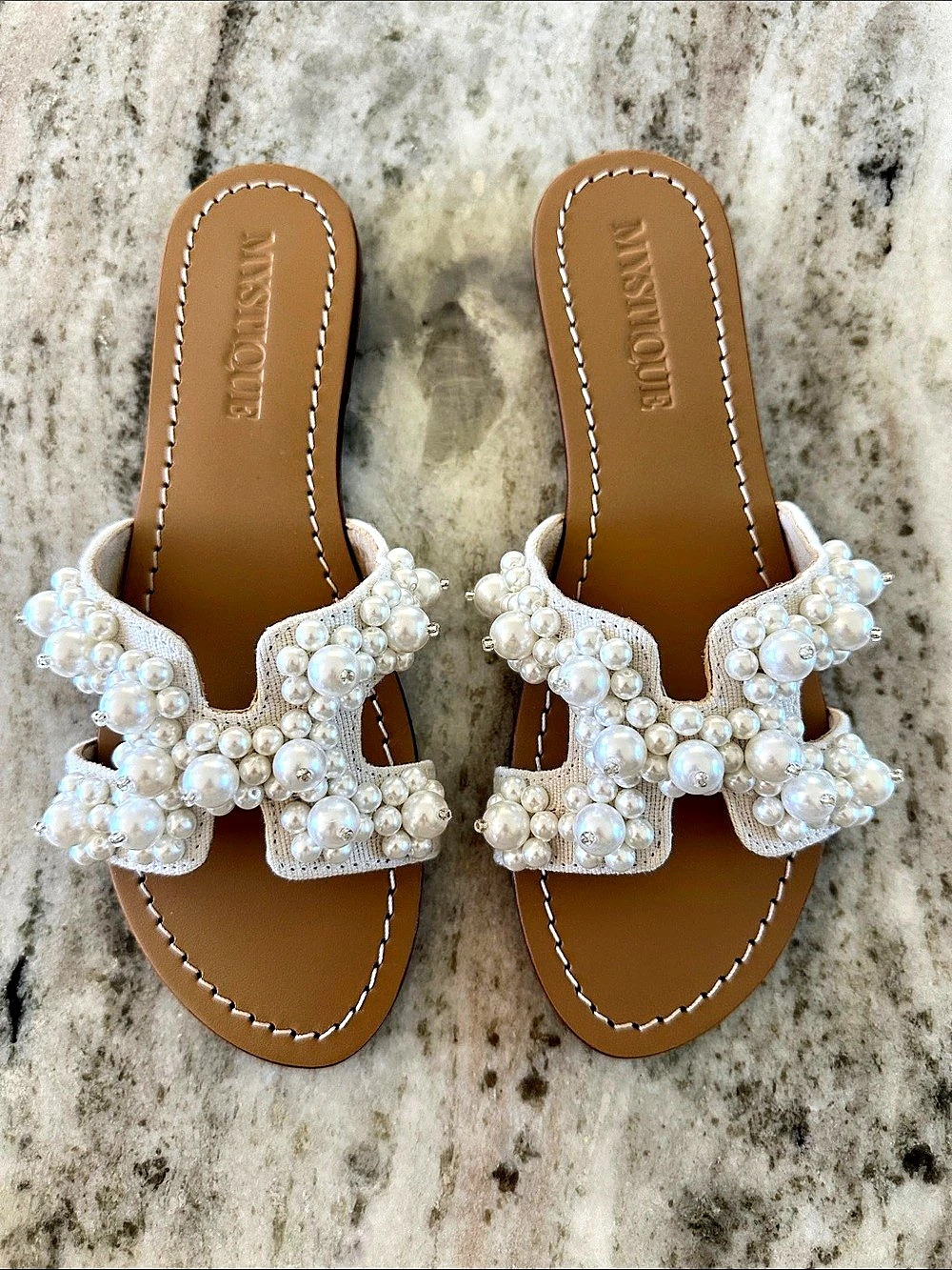 Mystique Beaded Slide Sandals in White & Brown Like New Size 9